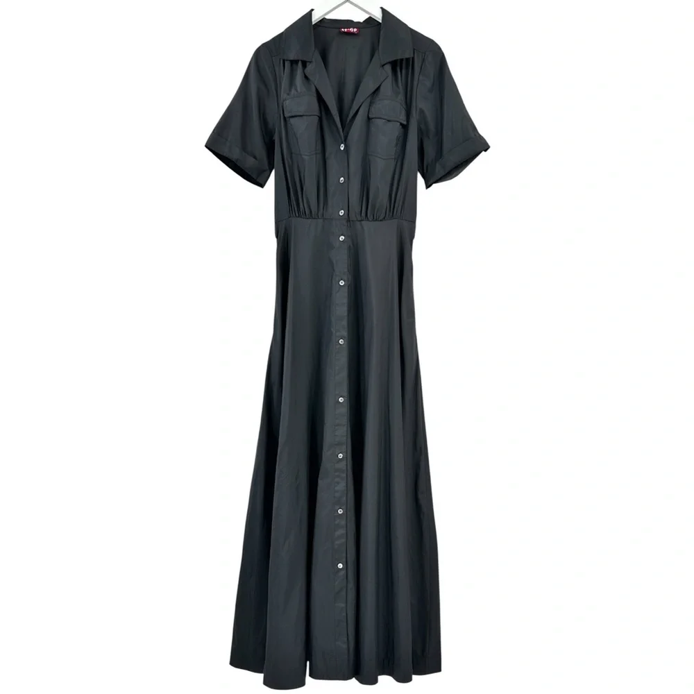 STAUD Millie Black Recycled Nylon Short Sleeve Maxi Shirt Dress Shirtdress sz 6 - Picture 4 of 14